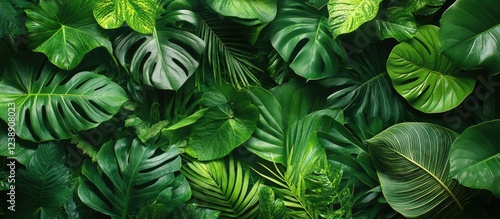 Wallpaper Mural Lush Tropical Green Monstera and Palm Leaves Background with Copy Space Torontodigital.ca