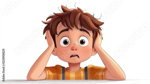 Young Boy With Worried Expression Holds Head In Hands photo