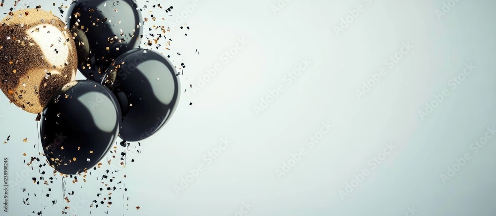Obraz premium Black and Gold Balloons with Falling Confetti on Light Background with Copy Space