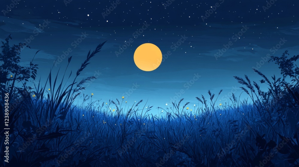Pixel Art Night Landscape with Full Moon and Fireflies Pixel Art Night Landscape with Full Moon and Fireflies