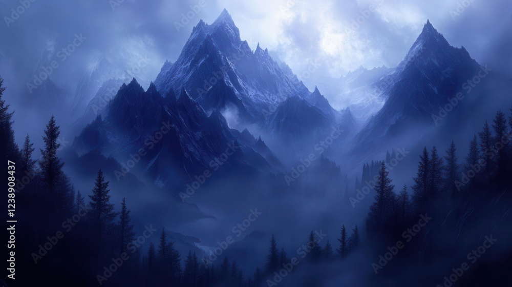 Obraz premium mystical mountain landscape at dawn, layered peaks emerging through swirling mist banks, dark evergreen forest silhouettes in foreground, ethereal atmosphere