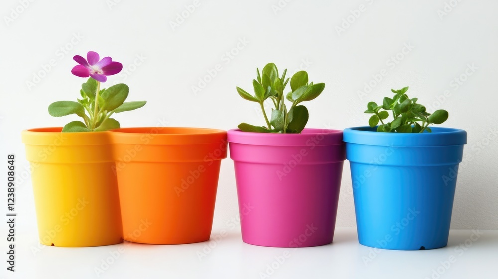 Obraz premium Colorful flower pots with young plants against white background