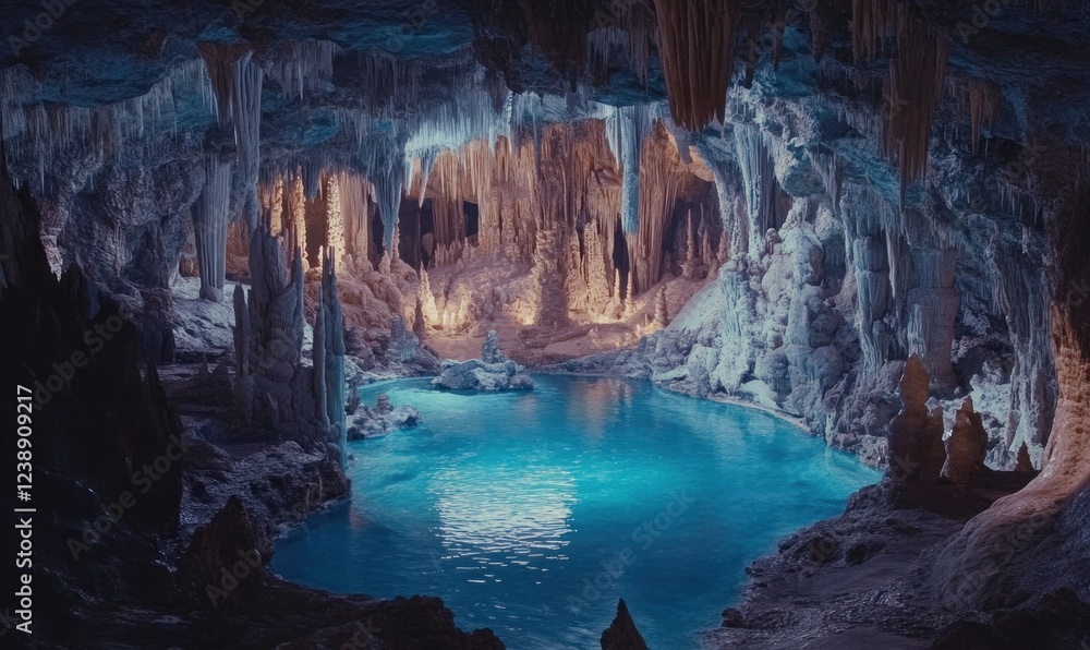 Naklejka premium Enchanted Cave Pool: A subterranean wonderland of crystalline formations and tranquil turquoise waters.