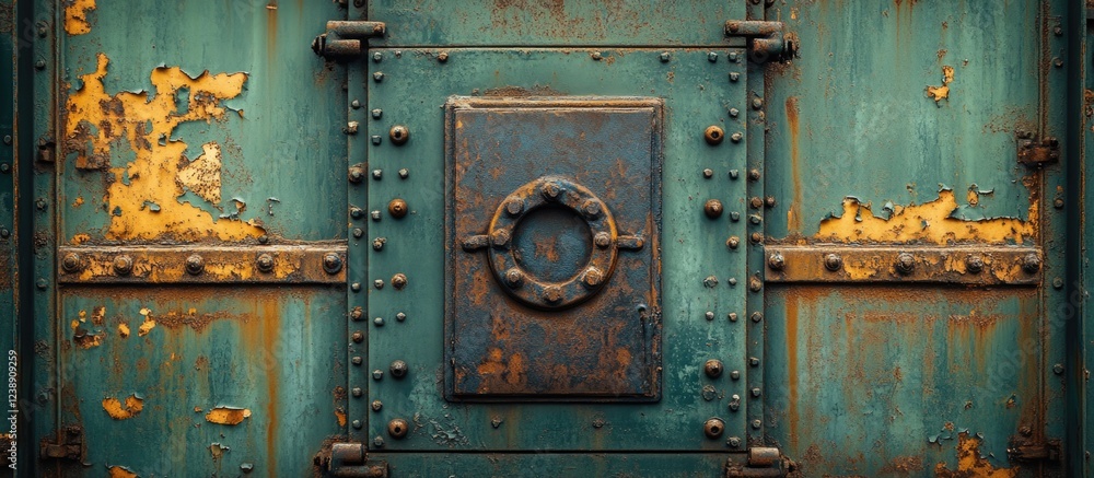 Rusted Metal Door with Circular Handle and Peeling Paint Texture Rusted Metal Door with Circular Handle and Peeling Paint Texture