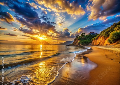 Golden Sunrise over Chalikounas Beach, Corfu, Greece -  Peaceful Dawn Seascape photo