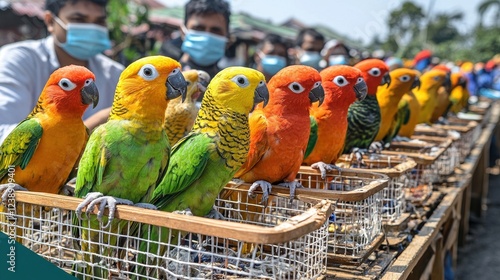 A market scene featuring exotic animals in cages and live birds displayed on wooden stalls. The busy environment is filled with masked individuals, symbolizing the ongoing efforts to prevent  photo