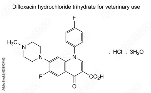 Chemical structure of difloxacin hydrochloride trihydrate for veterinary use, drug substance photo