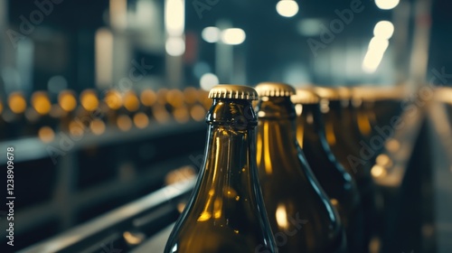 Glass bottles on conveyor belt in brewery production line with blurred background in factory setting. photo