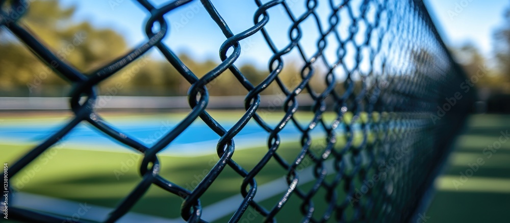 Naklejka premium Chain Link Fence Close-Up with Blurred Tennis Court Background and Blue Sky