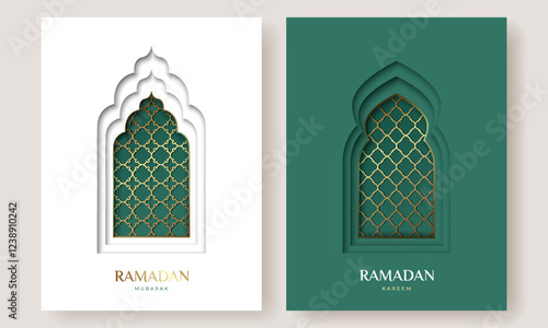 Oriental Islamic windows or arches set for Ramadan Kareem and Eid Mubarak. Design template with cut out paper effect for greeting banner, card, advertising, sale, web, poster