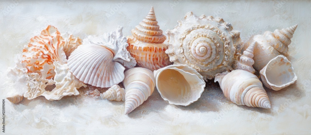 Various seashells arranged in a line on a textured surface with diffused natural light. Various seashells arranged in a line on a textured surface with diffused natural light.