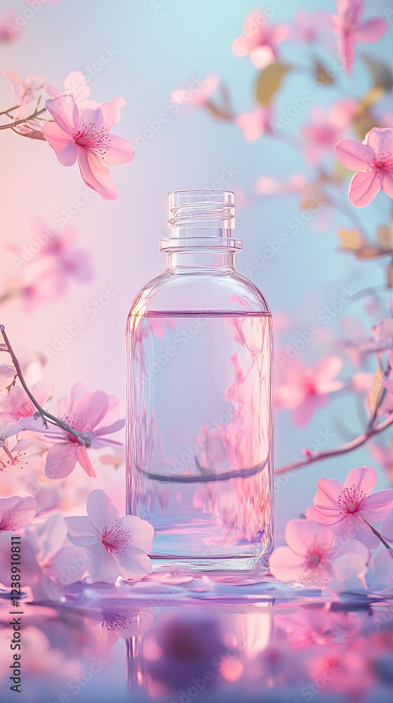 Glass bottle of micellar water with a pastel floral backdrop. pic Glass bottle of micellar water with a pastel floral backdrop. pic