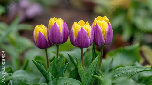 Wallpaper Mural Purple and Yellow Tulips in Bloom Amidst Green Foliage in a Garden Setting Torontodigital.ca