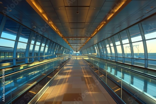 Empty moving walkway in a modern airport terminal leading to departure gates photo