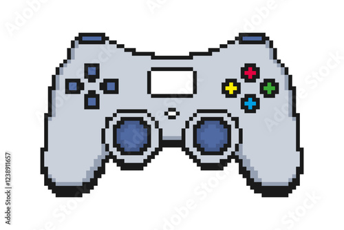 Pixel gamepad or joystick. Pixelated game controller icon with buttons and sticks. Pixel art video game joypad. Vector.