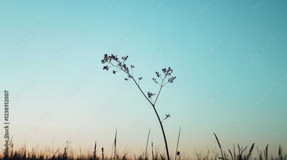Fototapeta premium Lonely plant silhouette at sunset, field background, nature scene, peaceful