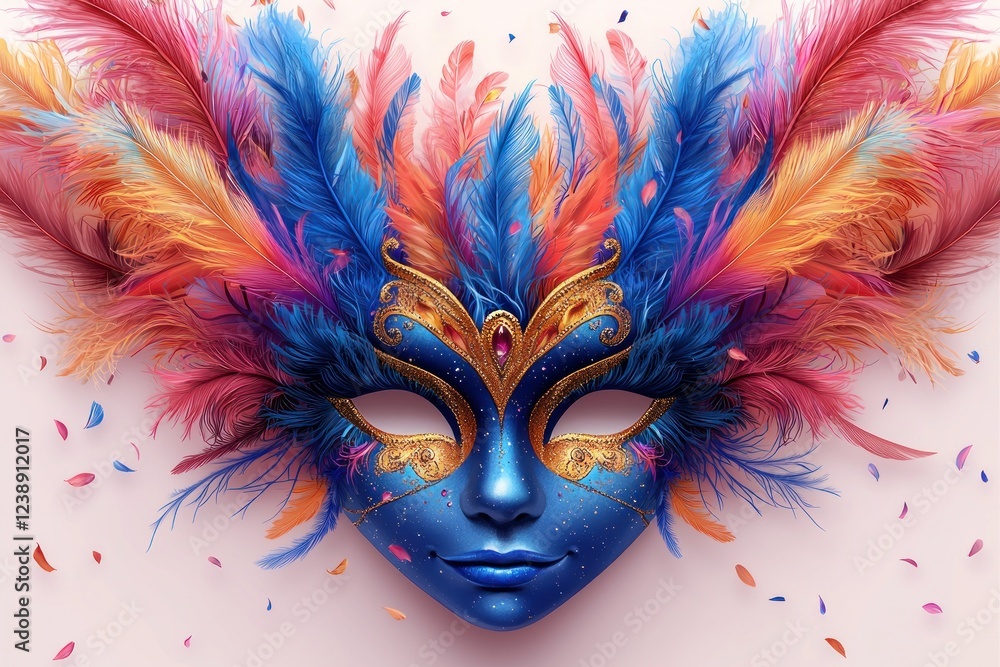Extravagant carnival mask with intricate gold details, vibrant feathers, and a festive splatter background in a colorful celebration theme Generative AI Extravagant carnival mask with intricate gold details, vibrant feathers, and a festive splatter background in a colorful celebration theme Generative AI