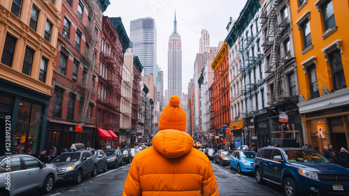 person in orange jacket and hat stands on busy street in New York City, facing Empire State Building, surrounded by colorful buildings and traffic