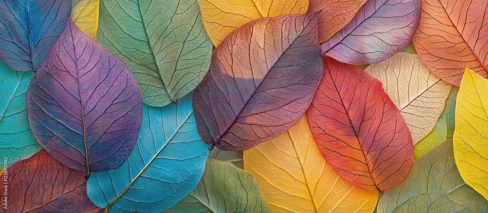 Obraz premium Colorful Transparent Skeleton Leaves Overlapping in Abstract Pattern