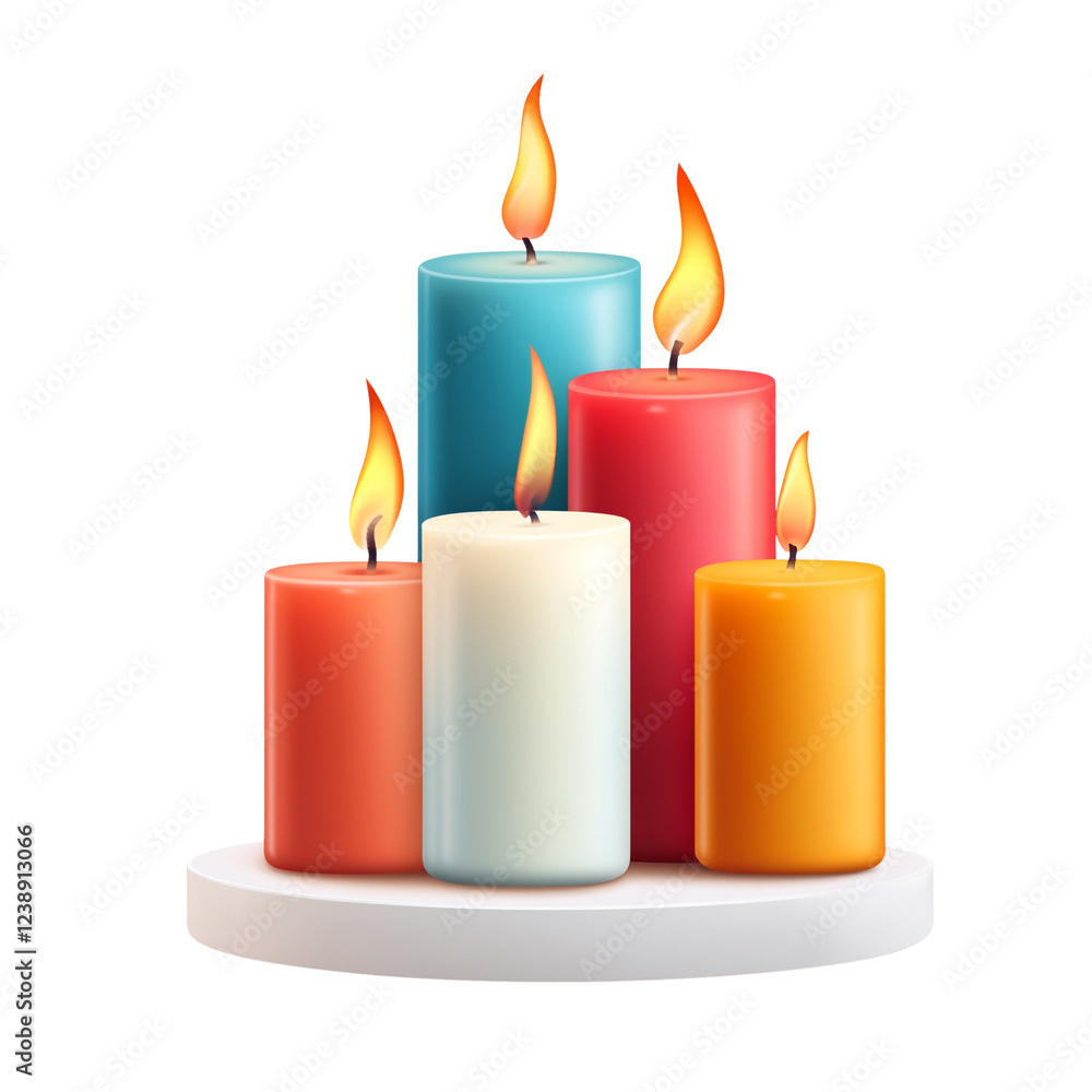 A vibrant display of colorful candles lit warmly for ambiance. A vibrant display of colorful candles lit warmly for ambiance.