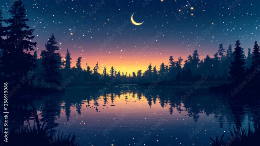 Naklejka premium Pixel Art Night Lake Landscape with Starry Sky