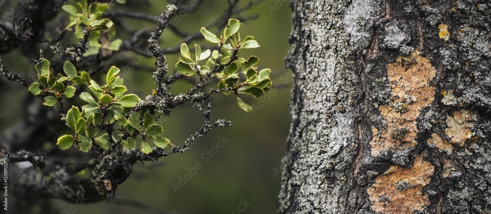 Close-up of Lichen and Tree Bark Texture with Green Leaves in Natural Forest Environment Close-up of Lichen and Tree Bark Texture with Green Leaves in Natural Forest Environment