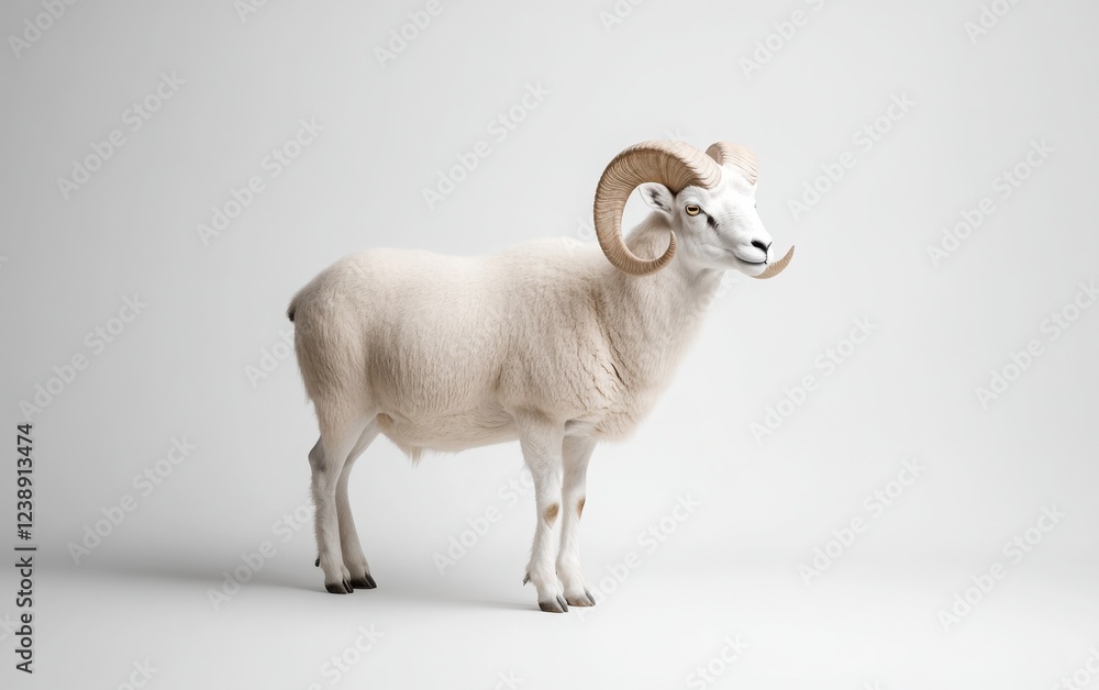 Fototapeta premium A majestic big-horned sheep standing proudly on a pure white background, captured in ultra-realistic detail.