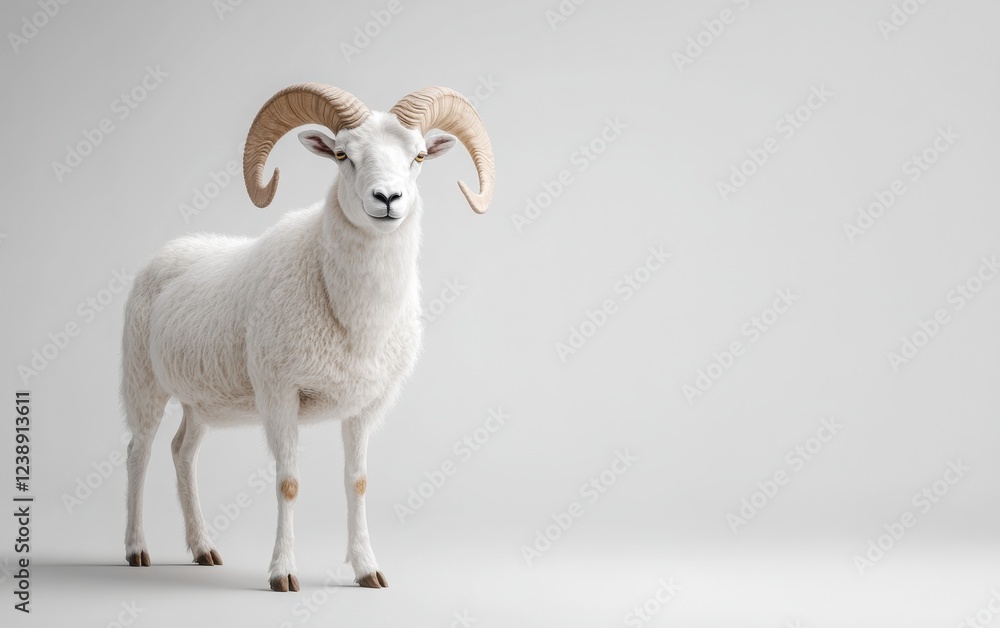 Fototapeta premium A majestic big-horned sheep standing proudly on a pure white background, captured in ultra-realistic detail.