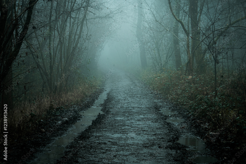 Obraz premium A spooky forest path going into the distance, on a mystical foggy winters day