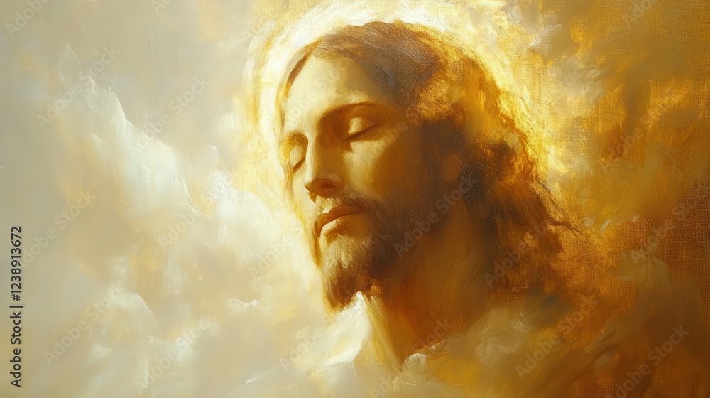 Obraz premium sacred portrait of christ in renaissance style, ethereal divine light, soft golden halo, compassionate expression, atmospheric clouds, oil painting technique