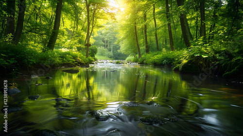 A river with a green color and a lot of trees surrounding it.
