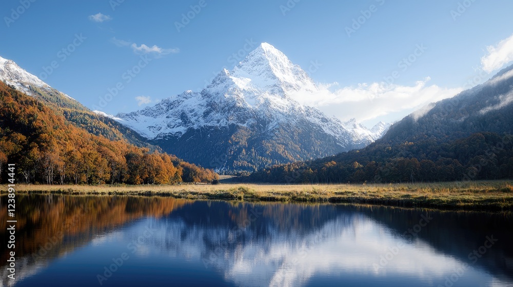 Majestic snow-capped mountain reflected in calm autumn lake (1) Majestic snow-capped mountain reflected in calm autumn lake (1)