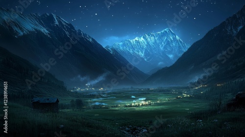 Night Village in a Starlit Mountain Valley