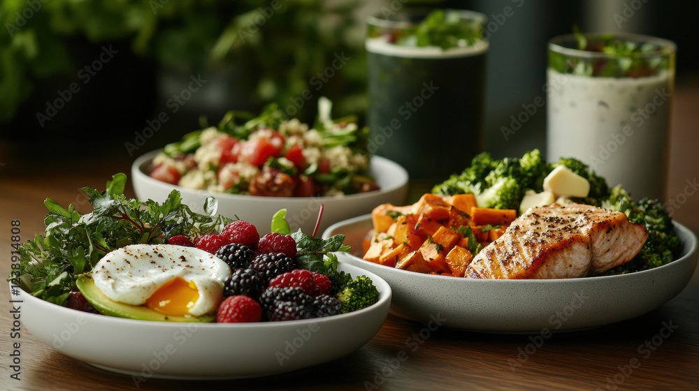 Vibrant bowls of healthy ingredients, from berries to salmon, evoke freshness and nutritious delight. Vibrant bowls of healthy ingredients, from berries to salmon, evoke freshness and nutritious delight.