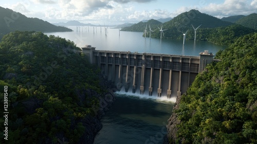 A scenic dam nestled in lush green landscape. photo