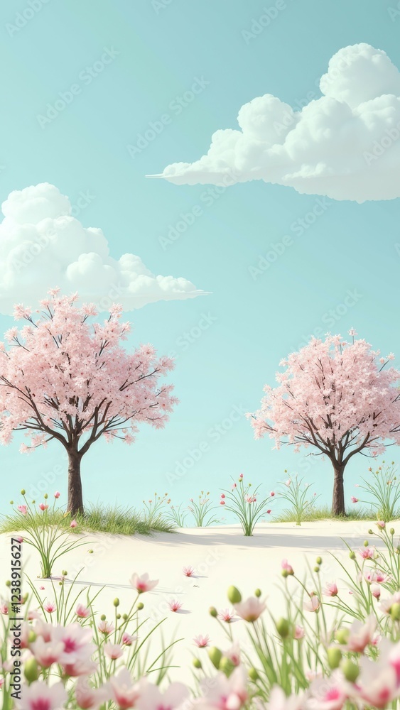 Serene spring landscape with cherry blossoms under a clear blue sky Serene spring landscape with cherry blossoms under a clear blue sky