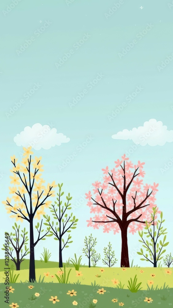 Fototapeta premium Colorful blossom trees in spring landscape with clear blue sky