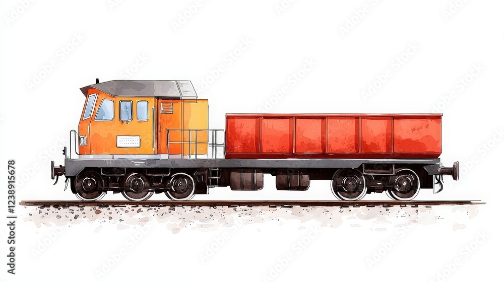 Vibrant Orange Locomotive with Red Cargo Car on Train Tracks in a Watercolor Style Illustration Vibrant Orange Locomotive with Red Cargo Car on Train Tracks in a Watercolor Style Illustration