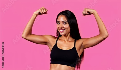 Confident young woman flexing her biceps, displaying strength and empowerment against a vibrant pink backdrop