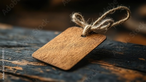 Rustic Wooden Tag on Textured Wooden Surface with Twine Bow photo