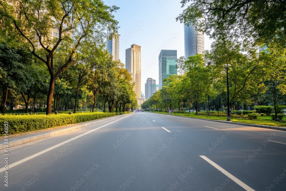 Modern cityscape with empty road and greenery. Modern cityscape with empty road and greenery.