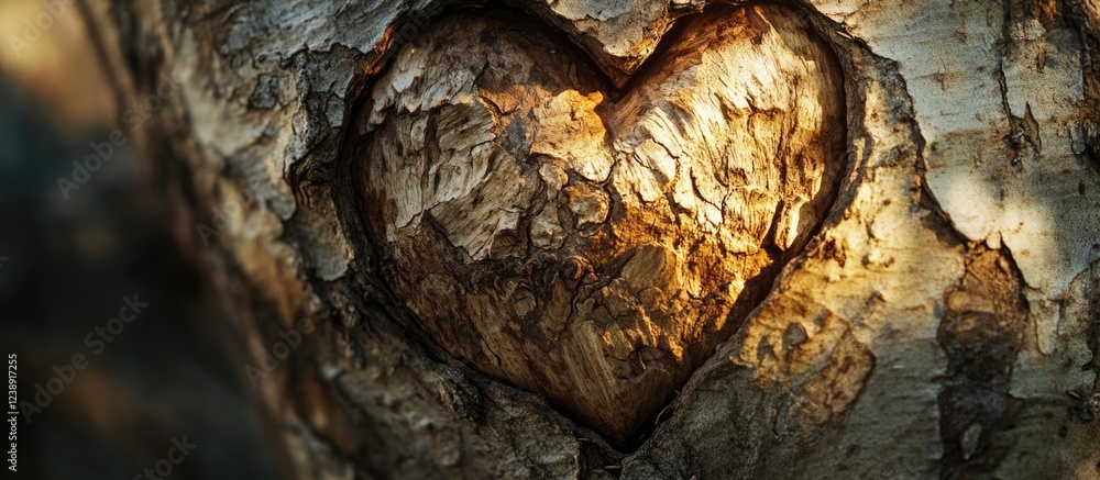 Heart shape carved into tree bark with sunlight illumination Heart shape carved into tree bark with sunlight illumination