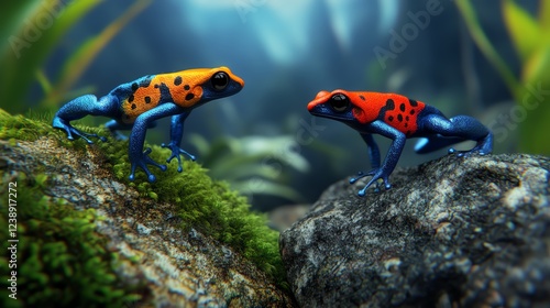 Colorful poison dart frogs perched on rocks amidst lush greenery, showcasing vibrant hues and detailed textures. photo