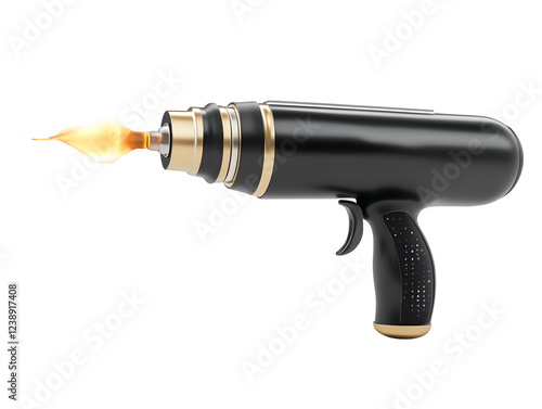 Black drill gun with gold accents and a blazing nozzle, isolated on transparent background, PNG, cut out