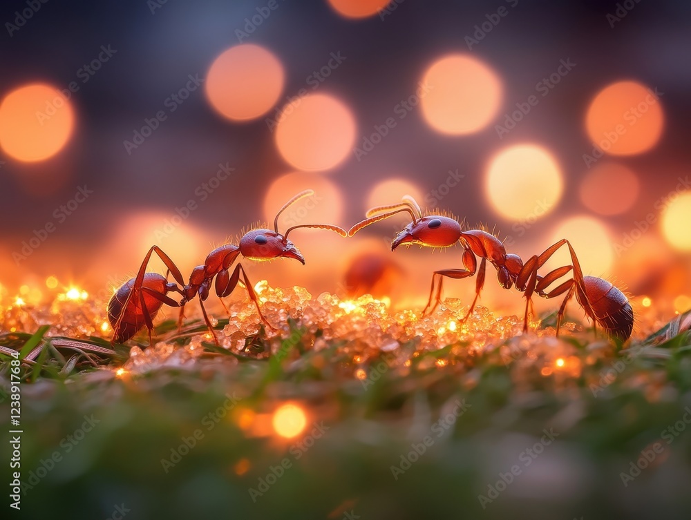Fototapeta premium Ants interacting on a glowing backdrop.