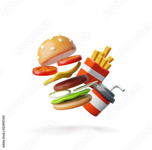 Realistic jumping Hamburger, French fries potatoes and soda 3D cartoon plastic style vector icon, fast food takeaway