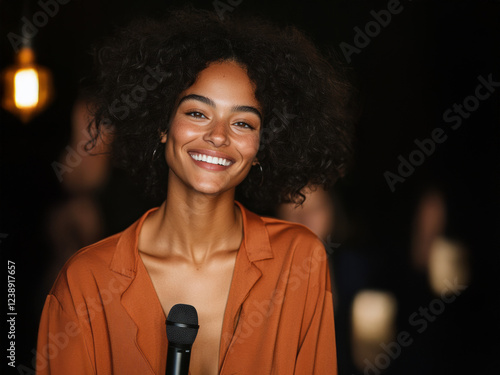 A woman with curly hair radiates confidence and joy as she holds a microphone in a warmly lit setting, encapsulating lively expression. photo