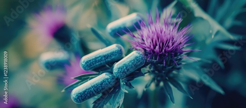 Purple thistle flower with green capsules on blurred natural background photo