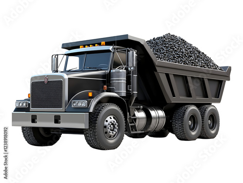 Black dump truck fully loaded with gravel isolated on a transparent png background for industrial, construction and transportation themes.
