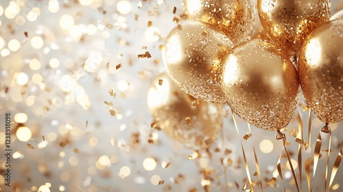 Golden balloons celebrate, confetti background, festive event